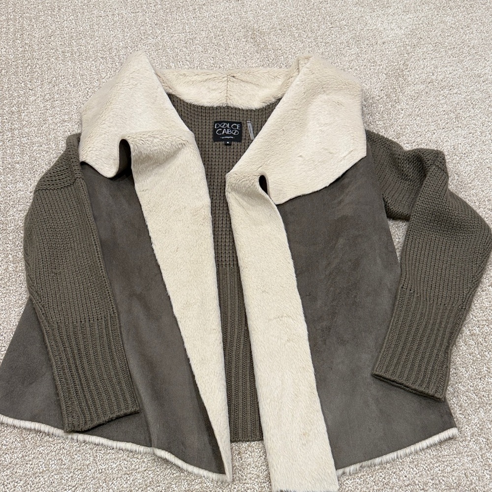 Olive and Cream Knit/ Faux fur Cardigan